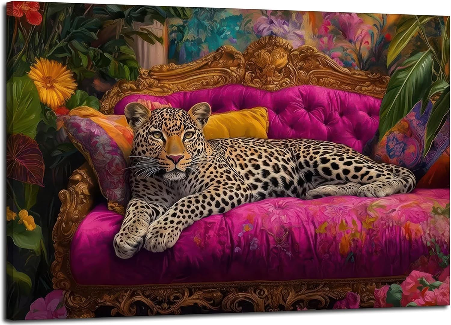 Cheetah Lying on Pink Sofa Canvas Wall Art Eclectic Leopard Wall Decor Pictures Maximalist Animal Portrait Poster Prints for Living Room Home Bedroom Home Decoration 12X16In Ready to Hang