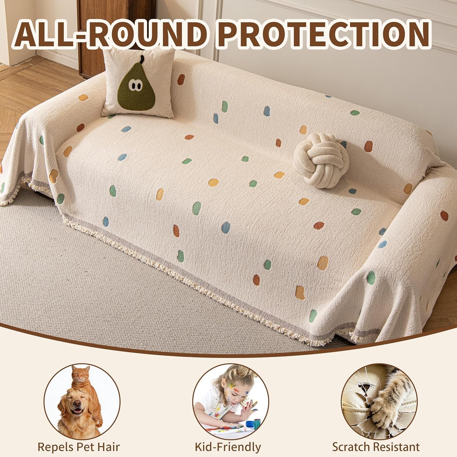 Couch Covers for Dogs, Sofa Covers for 3 Cushion Couch, Plush Couch Blanket Cover Sectional Washable, Sofa Slipcover Protector, Slip Covers for Sofas High-Gram Weight, Dots Beige, 71" ×118"