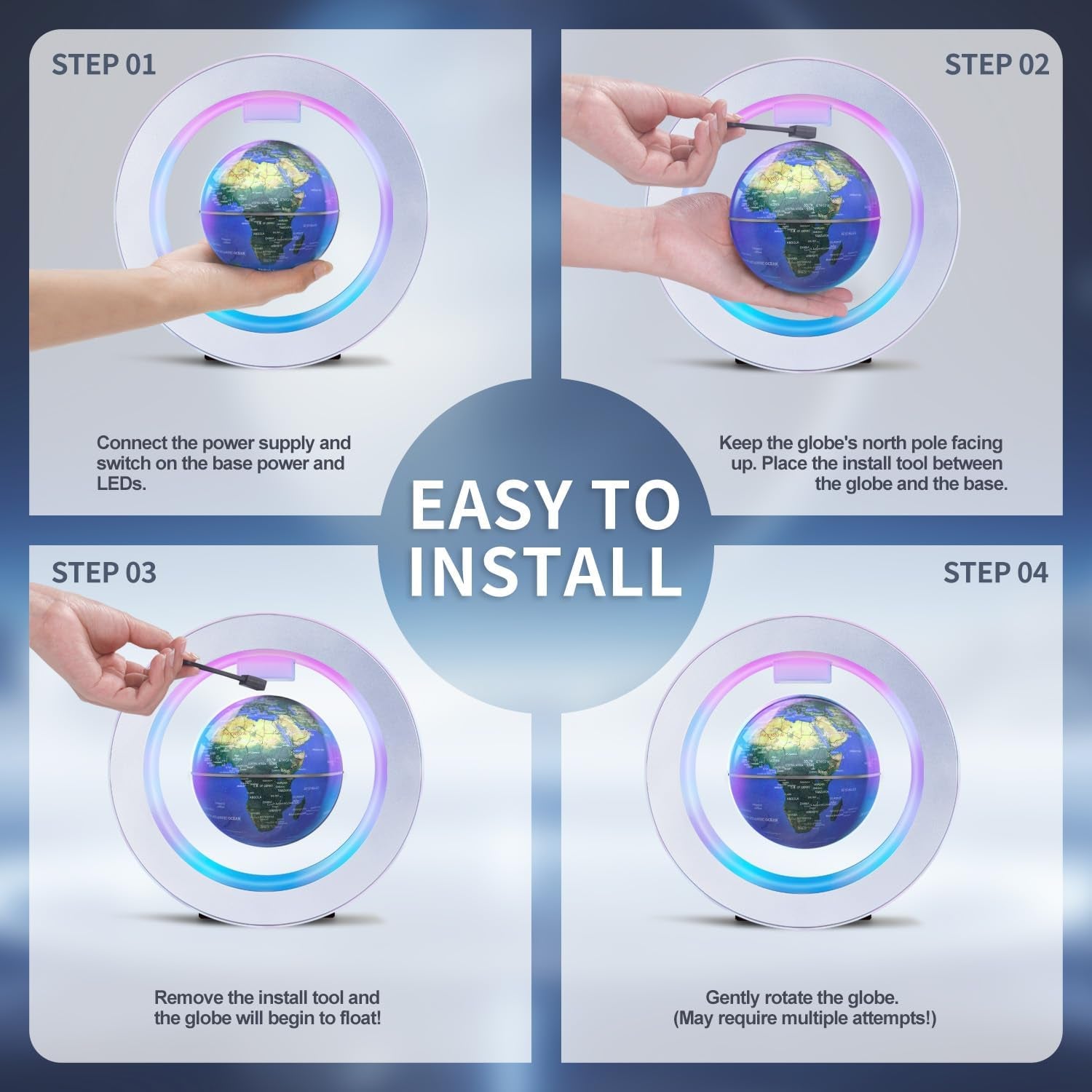 Floating Globe O Frame, Magnetic Levitating Technolog, Cool Gadgets for Men, 4In World Globe for Education Office Home Desk Decor, Cool Tech Gifts for Holiday Parties Birthday