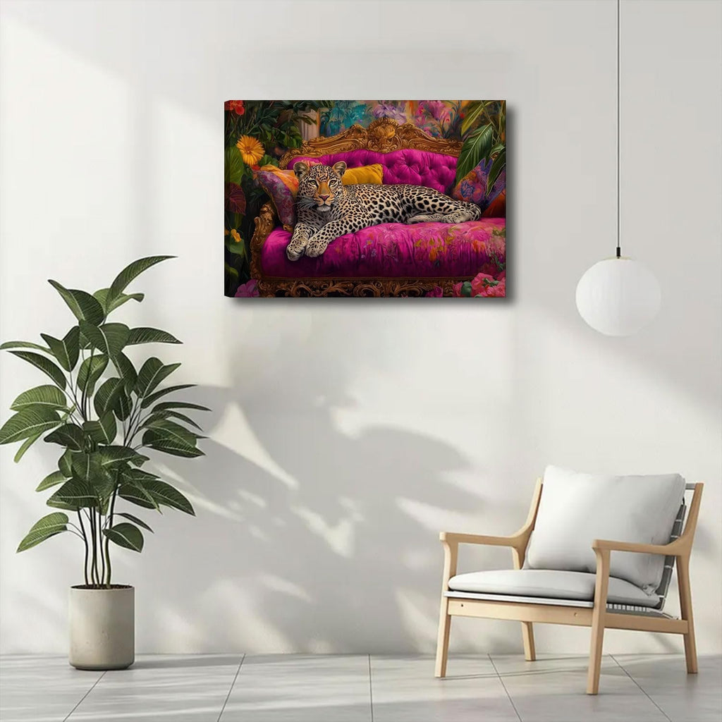 Cheetah Lying on Pink Sofa Canvas Wall Art Eclectic Leopard Wall Decor Pictures Maximalist Animal Portrait Poster Prints for Living Room Home Bedroom Home Decoration 12X16In Ready to Hang