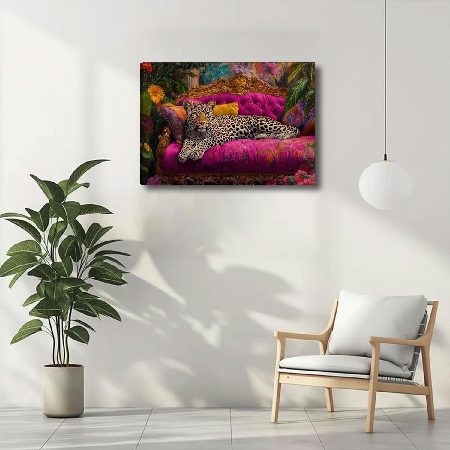 Cheetah Lying on Pink Sofa Canvas Wall Art Eclectic Leopard Wall Decor Pictures Maximalist Animal Portrait Poster Prints for Living Room Home Bedroom Home Decoration 12X16In Ready to Hang