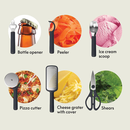 7-Piece Modular Gadget Set, Grater, Pizza Cutter, Ice Cream Scoop, Peeler, Shears, Bottle Opener, Crock with Removable Divider, Dishwasher Safe, Slate