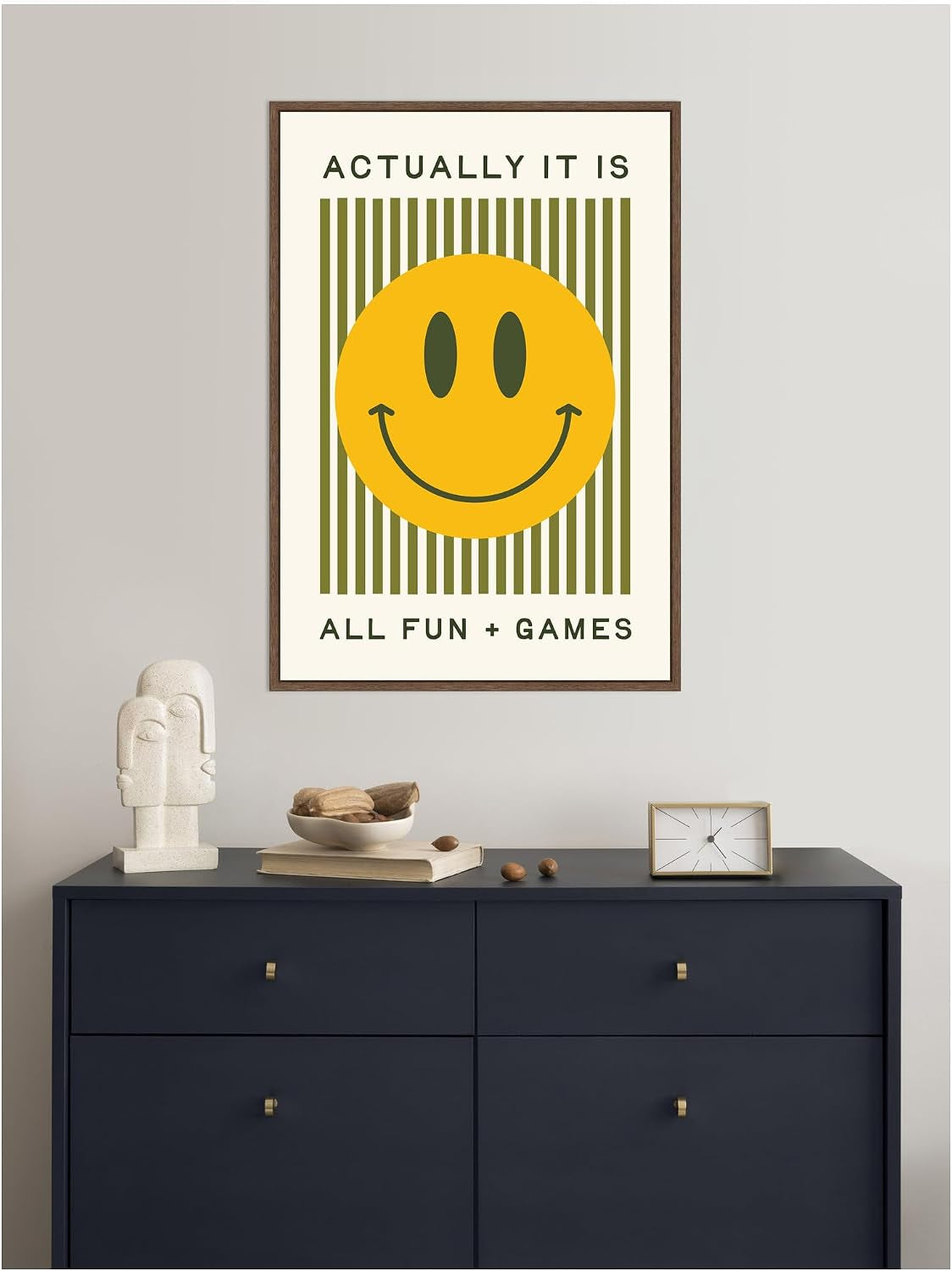 Framed Canvas Wall Art Print It Is All Fun and Games Striped Poster, Dopamine Decor, Smiley Face Retro Print by Lucky Guava, 23 X 33 Sylvie Walnut Frame, Modern Contemporary,