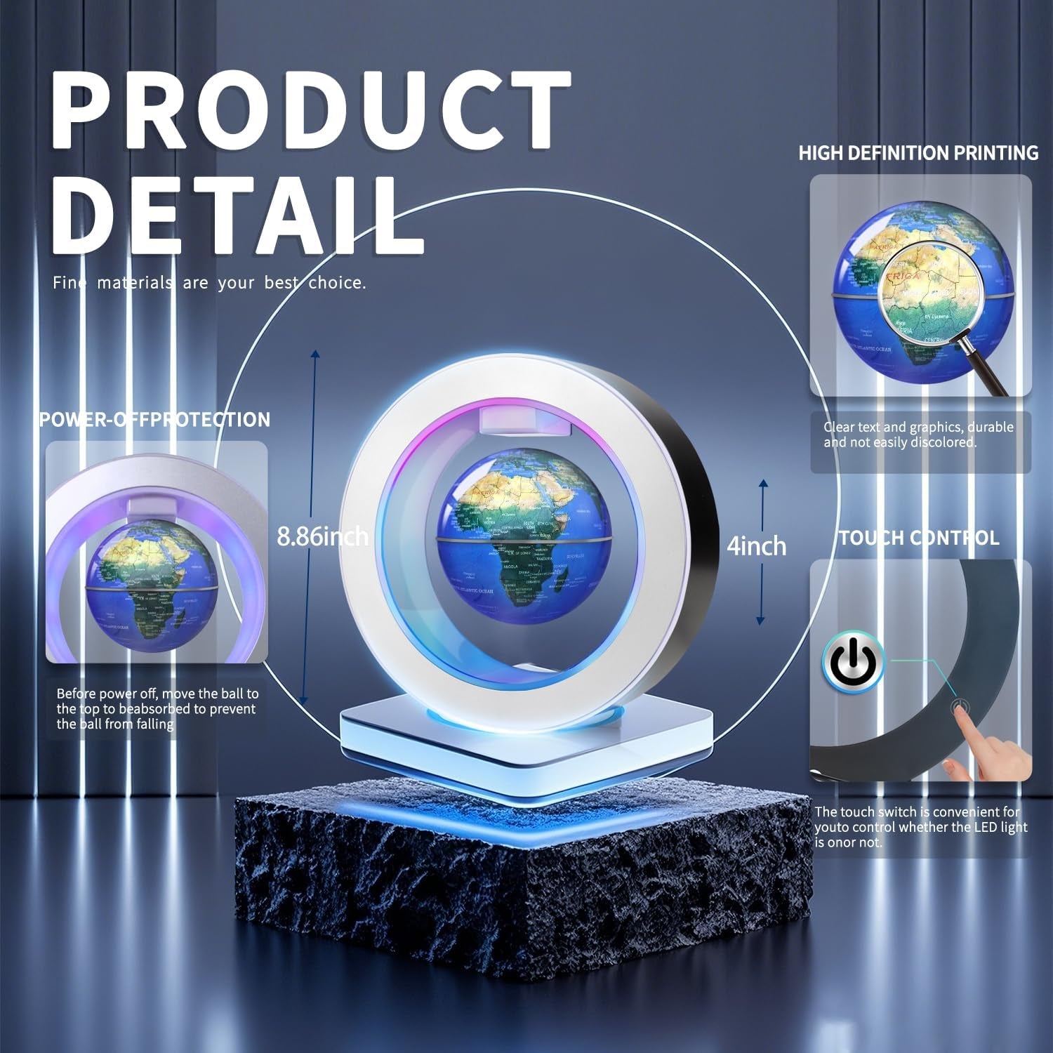 Floating Globe O Frame, Magnetic Levitating Technolog, Cool Gadgets for Men, 4In World Globe for Education Office Home Desk Decor, Cool Tech Gifts for Holiday Parties Birthday