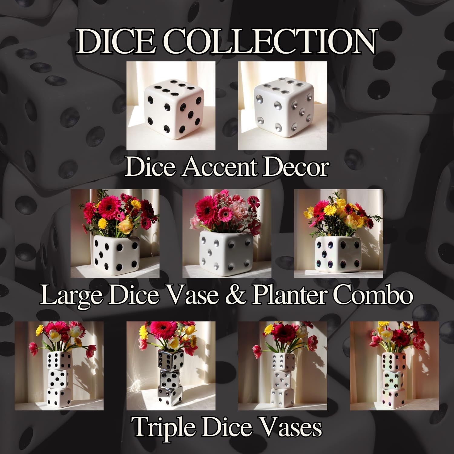White & Silver Triple Dice Vase, Maximalist Decor Ceramic Flower Vase, Retro Home Decor for Desk, Shelf, Table, Bar Cart & Vanity, Unique, Funky, Trendy & Cool Room Decor