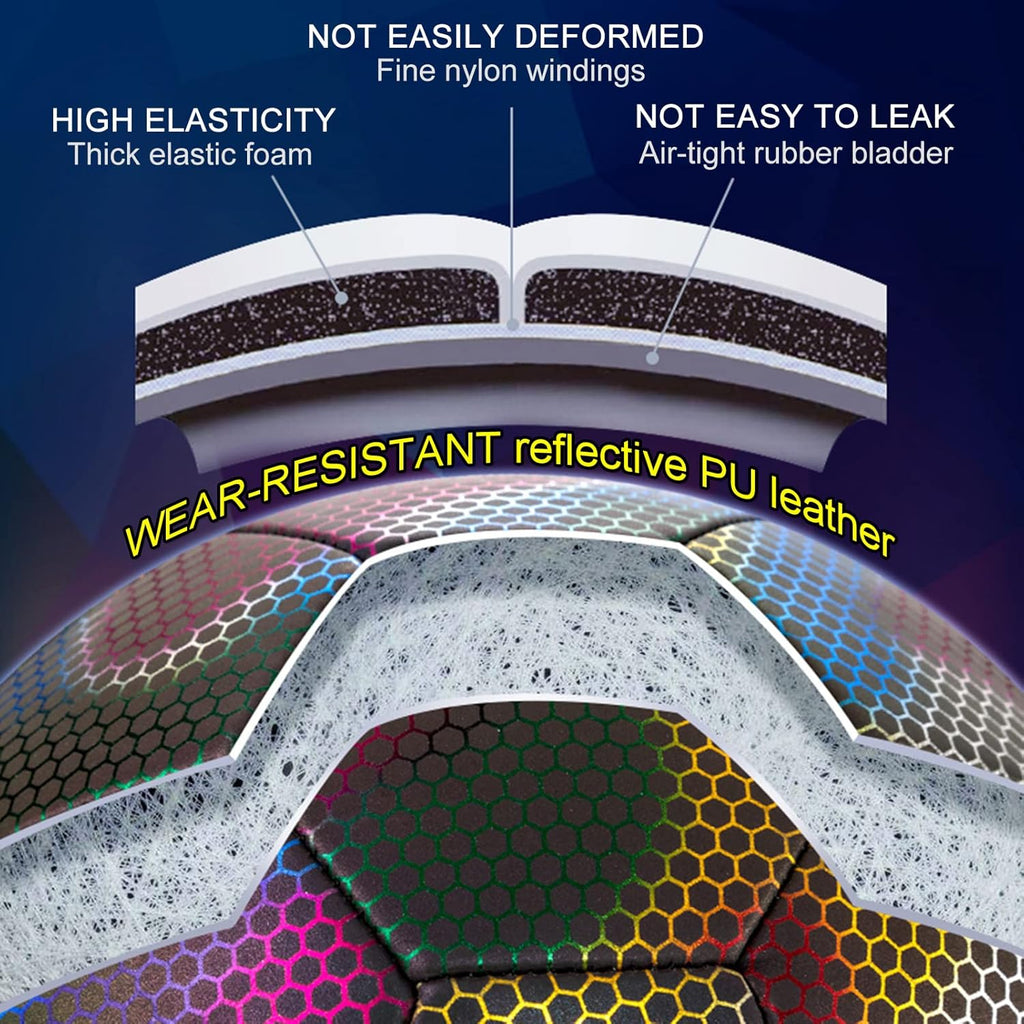 Soccer Ball, Holographic Reflective Glowing Soccer Ball Size 4/5 for Men Women Training, with Pump and Carry Bag