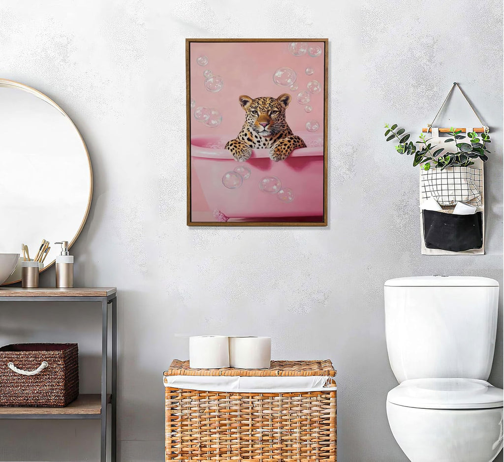 Framed Cheetah Bathroom Wall Art Pink Leopard in Bathtub Canvas Poster Funny Leopard Bathroom Print Maximalist Art Painting Trendy Bath Bubbles Wall Decor Ready to Hang