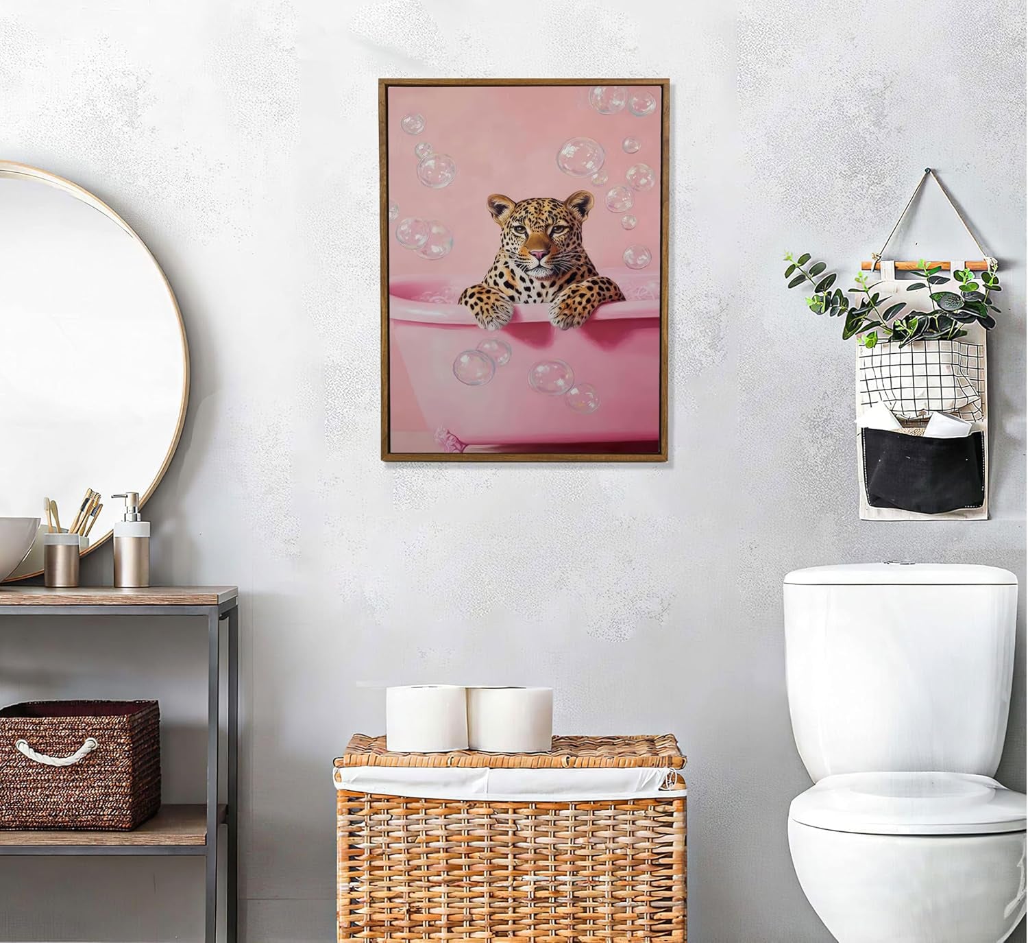 Framed Cheetah Bathroom Wall Art Pink Leopard in Bathtub Canvas Poster Funny Leopard Bathroom Print Maximalist Art Painting Trendy Bath Bubbles Wall Decor Ready to Hang