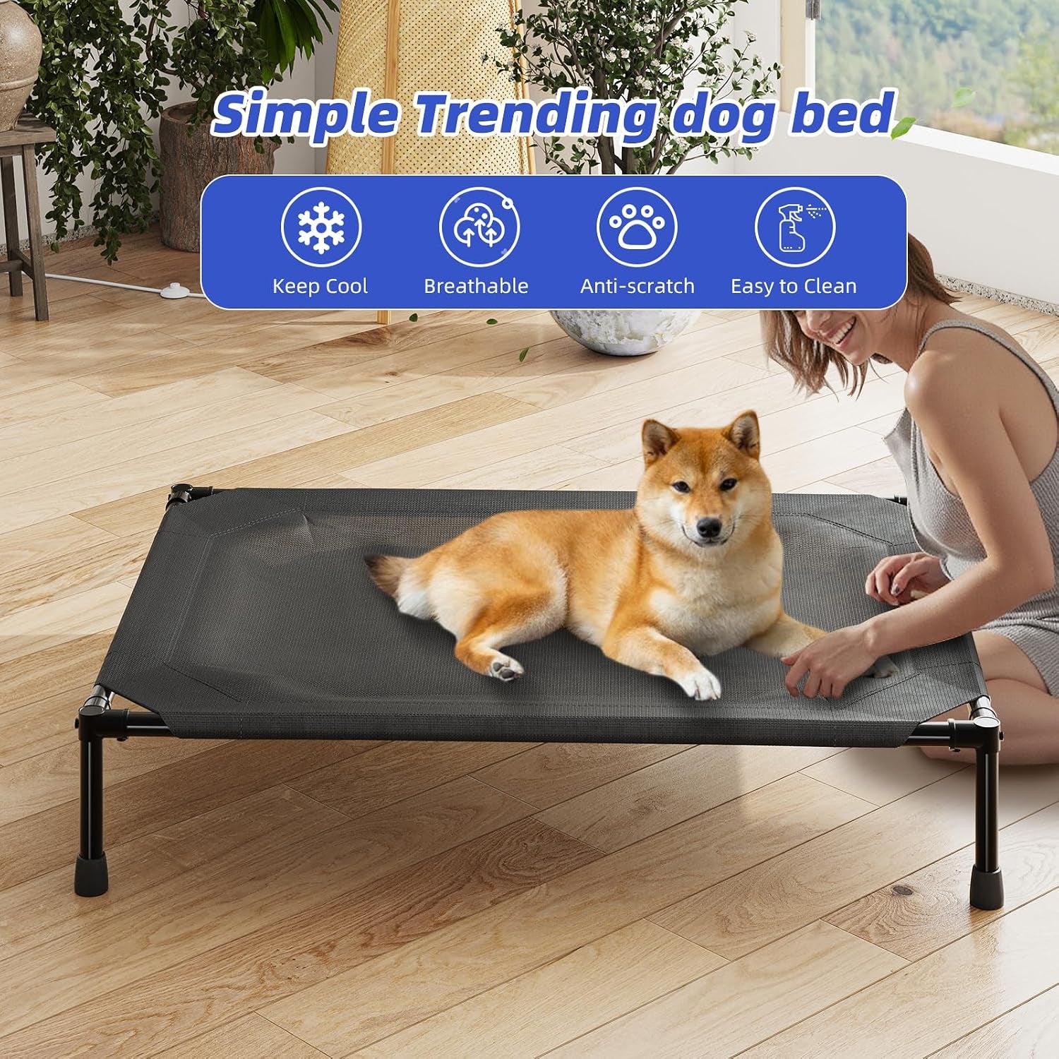 Elevated Dog Bed for Large Dogs, Waterproof Raised Dog Cot with Washable Mesh, Cooling Breathable Pet Bed for Outdoor, 42" X 31", Black