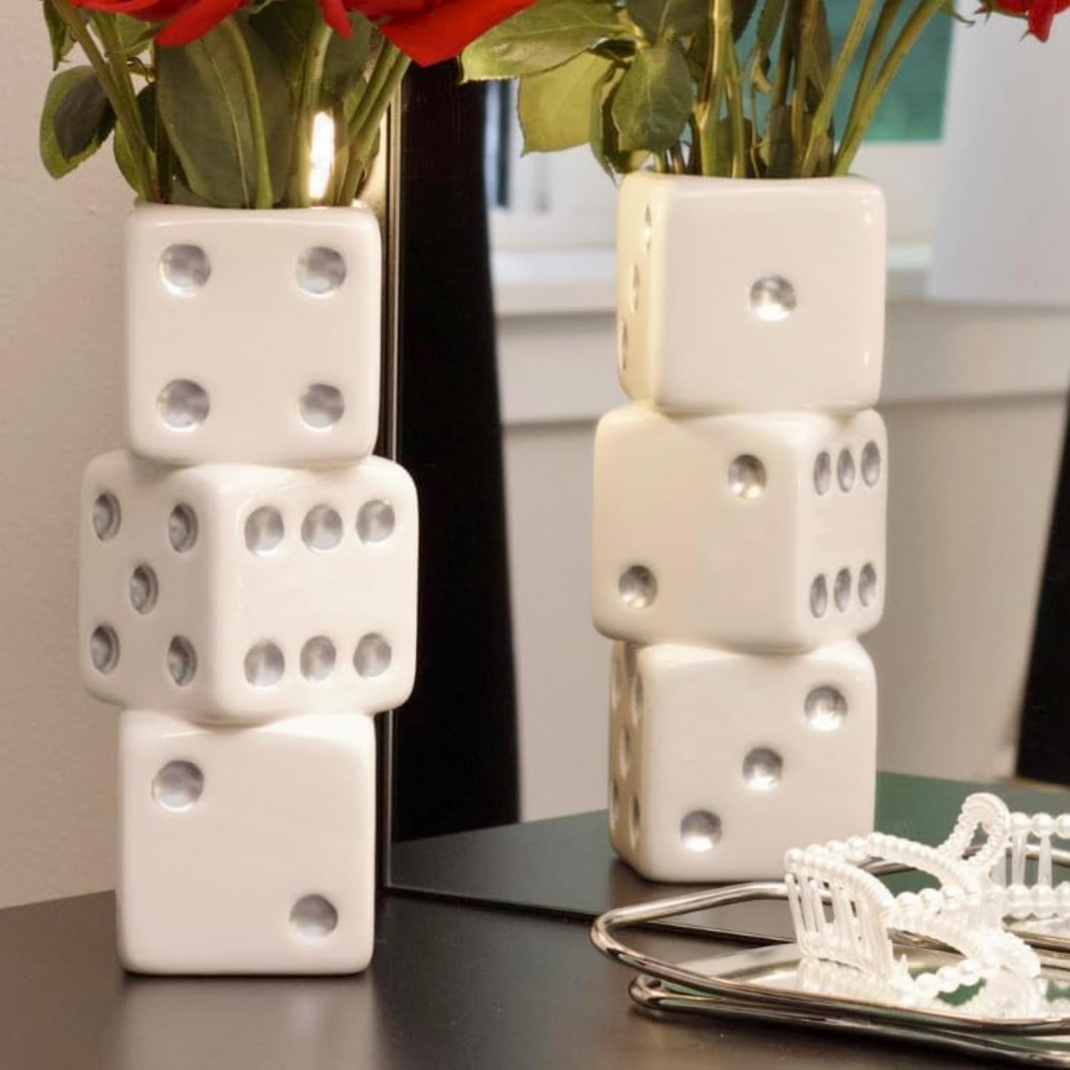 White & Silver Triple Dice Vase, Maximalist Decor Ceramic Flower Vase, Retro Home Decor for Desk, Shelf, Table, Bar Cart & Vanity, Unique, Funky, Trendy & Cool Room Decor
