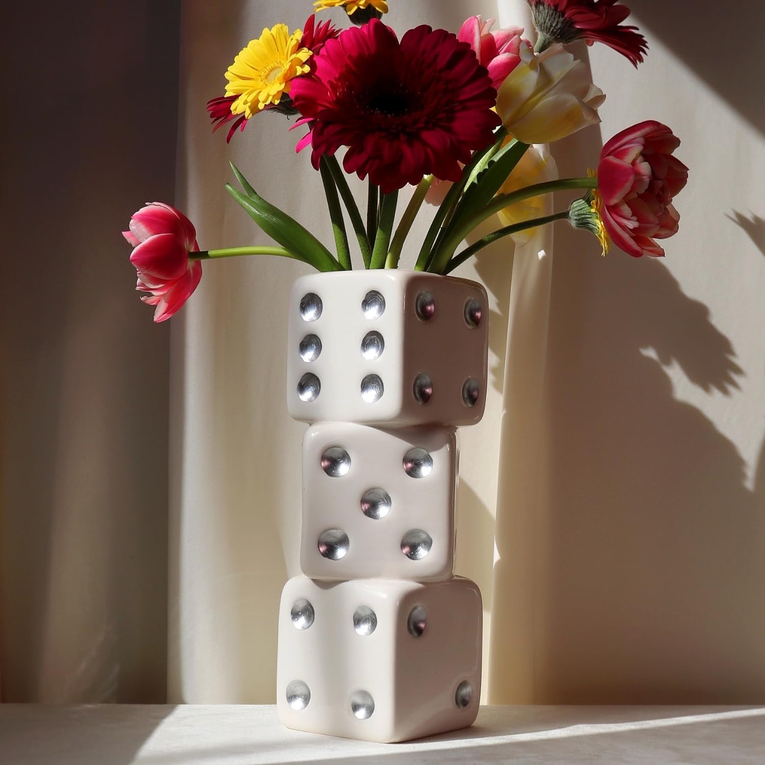 White & Silver Triple Dice Vase, Maximalist Decor Ceramic Flower Vase, Retro Home Decor for Desk, Shelf, Table, Bar Cart & Vanity, Unique, Funky, Trendy & Cool Room Decor