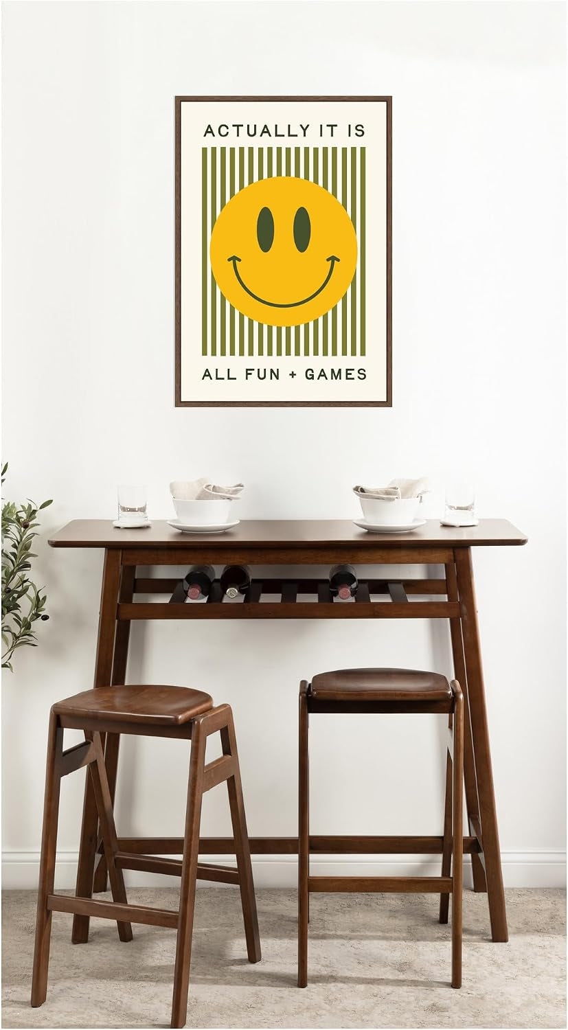Framed Canvas Wall Art Print It Is All Fun and Games Striped Poster, Dopamine Decor, Smiley Face Retro Print by Lucky Guava, 23 X 33 Sylvie Walnut Frame, Modern Contemporary,
